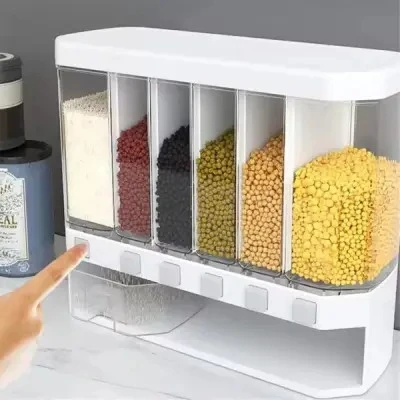 6-in-1 Wall Mounted Grain & Rice Dispenser – 10kg Multi-Grid Airtight Food Storage Container with Press Button for Kitchen Organization