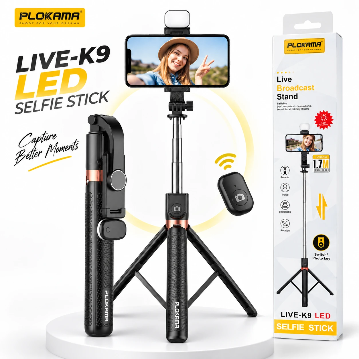 LIVE-K9 LED Selfie Stick & Live Broadcast Stand – 3-in-1 Extendable Tripod with Rechargeable Fill Light, 360° Rotation & Bluetooth Remote for Vlogging & Streaming