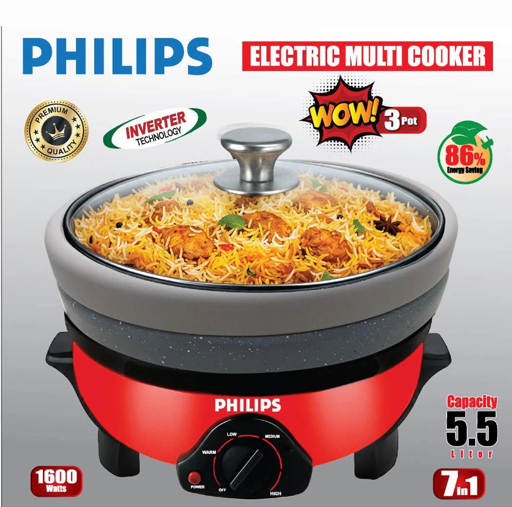 PHILIPS Electric Multi Curry Cooker 3 Pot Removable non-stick pan, Automatic cooking and warming system (5.5 LTR) 1500w