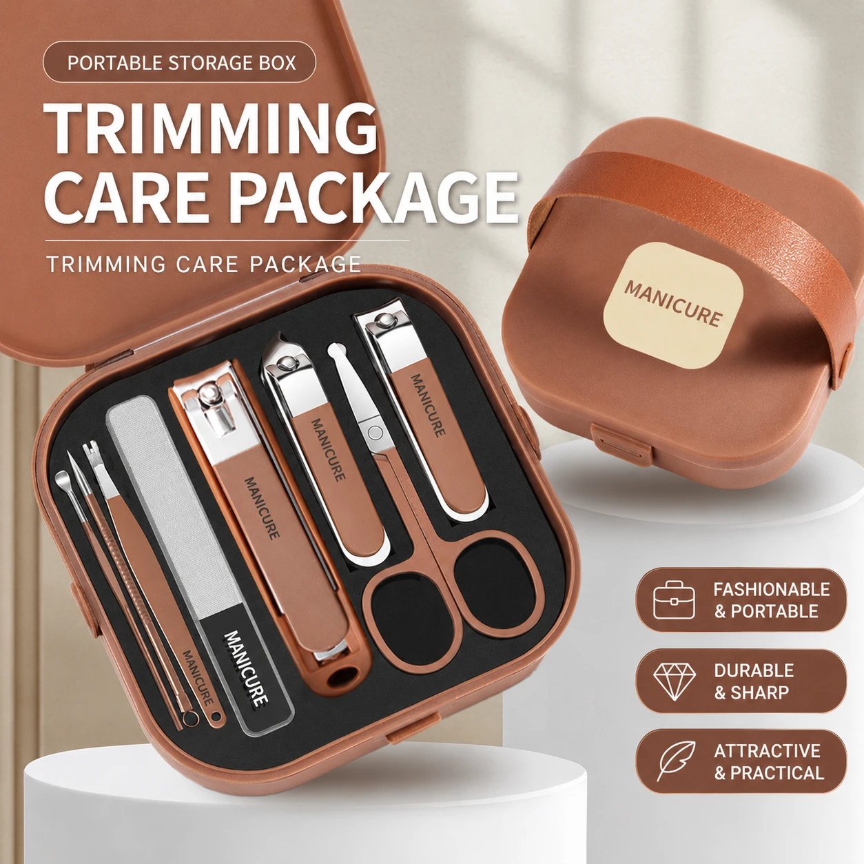 Premium 8-Piece Manicure and Pedicure Set – Stainless Steel Nail Clippers & Grooming Kit with Elegant Matte Brown Portable Travel Case