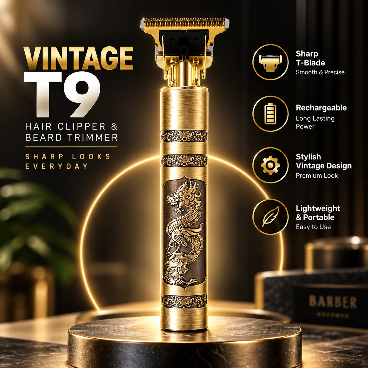 Rechargeable Vintage T9 Hair Clipper & Beard Trimmer – Cordless Stainless Steel Men’s Grooming Kit with USB Charging, 360-Degree Close Shave & 120-Min Battery Life